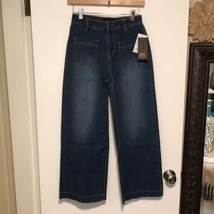 Frye Women's 24 Wide Leg Jeans Blue High Rise Front Patch Pocket Raw Hem NEW